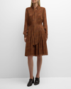 Lafayette 148 Pleated Pintuck Tie-neck Midi Dress In Copper Multi
