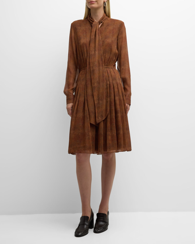 Lafayette 148 Pleated Pintuck Tie-neck Midi Dress In Copper Multi