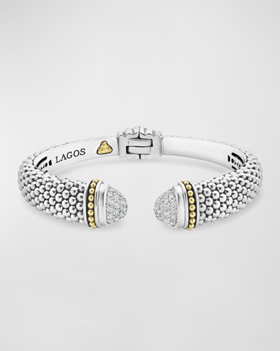 Lagos 18k Gold & Sterling Silver Caviar Diamond Cuff Bracelet, 12 Mm, Large In White/silver