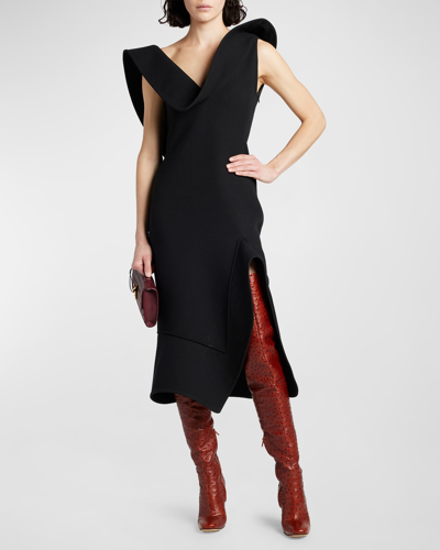 Bottega Veneta Draped Knit Midi Dress In Black