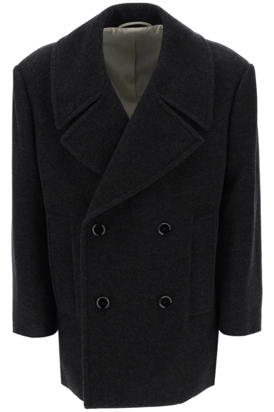 Lemaire Double-breasted Wool Coat In Grey