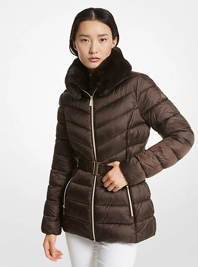 Michael Kors Faux Fur Trim Quilted Nylon Packable Puffer Jacket In Brown