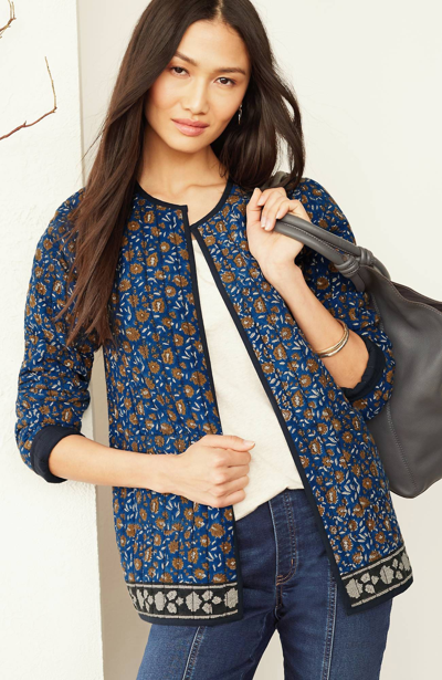 Jjill J.jill Pure Jill Reversible Quilted Jacket In Batik Blue Stamped Leaves