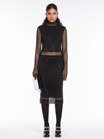 Max Mara Turtle Neck In Mesh With Rhinestones In Black