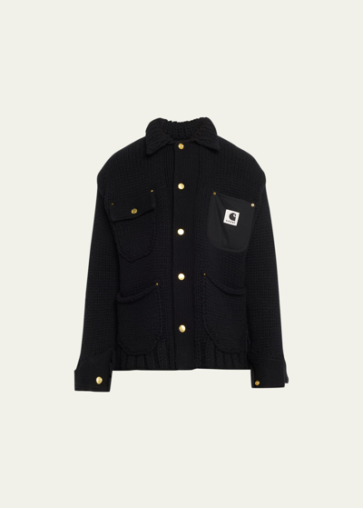 Sacai Carhartt Wip Michigan Canvas-trimmed Wool-blend Overshirt In Black