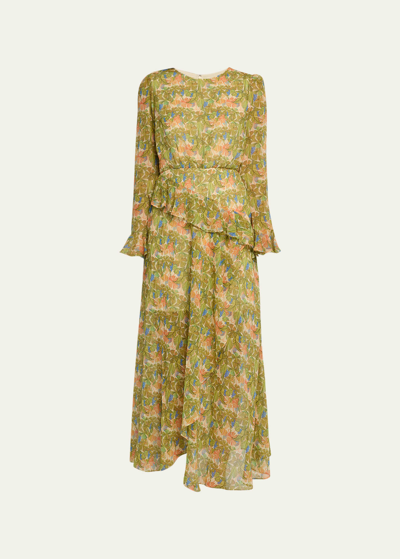 Saloni Jolene Floral Silk Long Ruffle Dress In 1998-ficus Garden