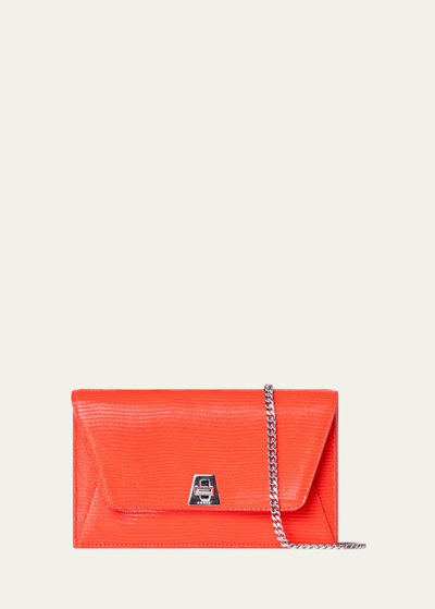 Akris Anouk Lizard-print Clutch Bag W/ Chain In 266 Tangerine