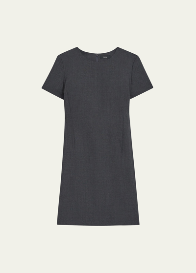 Theory Jatinn Short-sleeve Traceable Wool Suiting Dress In Charcoal Melange