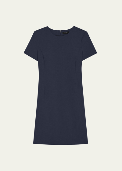 Theory Jatinn Short-sleeve Traceable Wool Suiting Dress In Nocturne Navy