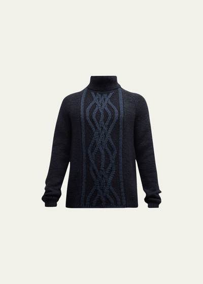 Giorgio Armani Men's Two-tone Cable Turtleneck Sweater In Solid Dark Blue