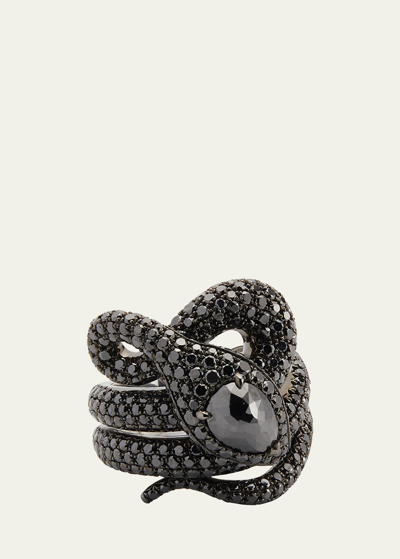 Stéfère White Gold Black Diamond Ring With Black Diamond Head From The Snake Collection
