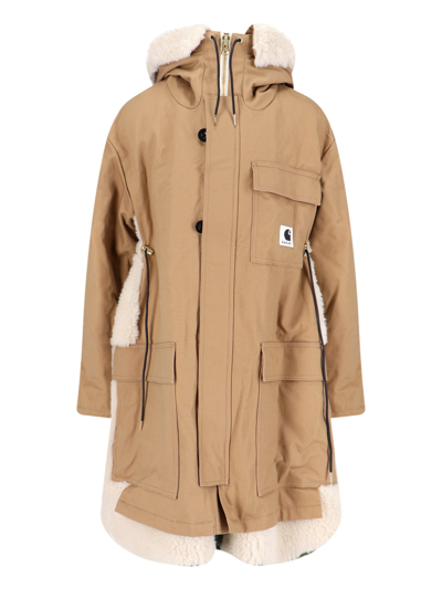 Sacai Carhartt Wip Fleece-trimmed Cotton And Nylon-blend Canvas Hooded Parka In Beige