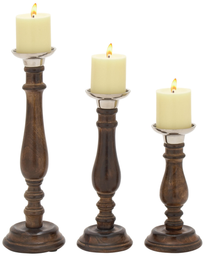 Peyton Lane Set Of 3 Wood & Aluminum Candle Holders In Brown