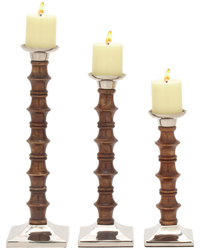 Peyton Lane Set Of 3 Wood & Aluminum Candle Holders In Brown