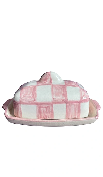 Vaisselle Buttercup Butter Dish In White & Pink Checkerboard
