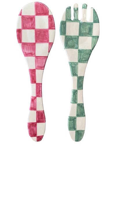 Vaisselle Yummy Serving Utensils & Spoon Rests In Fucsia & Sage Checkerboard