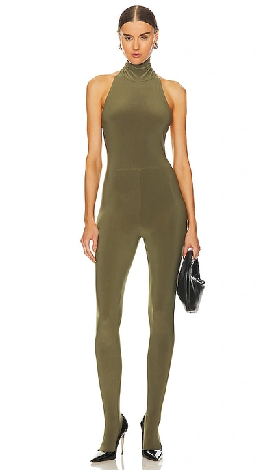 Norma Kamali Halter Turtle Catsuit With Footsie In Military