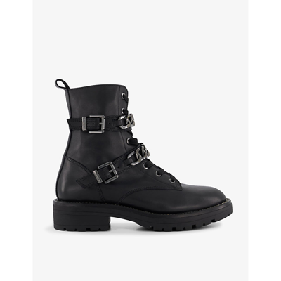 Dune Womens Black-leather Plaza Buckle-embellished Leather Ankle Biker Boots