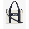 CHLOÉ CHLOE GIRLS OFF WHITE NAVY KID'S BRAND-PRINT DOUBLE-HANDLE FAUX-FUR CROSS-BODY BAG