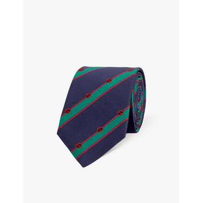 Gucci Striped Silk Tie In Navy/dark Green