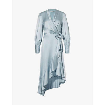 Zimmermann Womens Dusty Blue Plunge-neck Wrap-over Silk Midi Dress