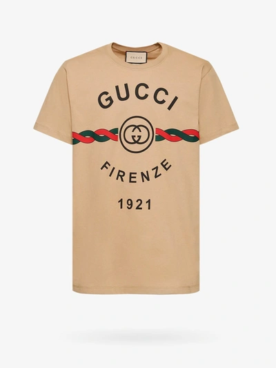 Gucci Logo Printed Cotton T-shirt In Beige