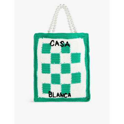 Casablanca Crochet Logo-knit Cotton Tote Bag In Green/ White
