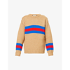 GUCCI GUCCI MEN'S CAMEL RED BLUE STRIPE CREWNECK WOOL-BLEND JUMPER