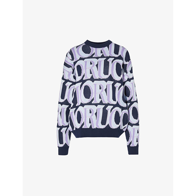 Fiorucci Womens Blue Monogram-pattern Relaxed-fit Cotton Jumper