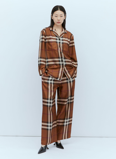 Burberry Check Silk Wide Leg Pants In Brown