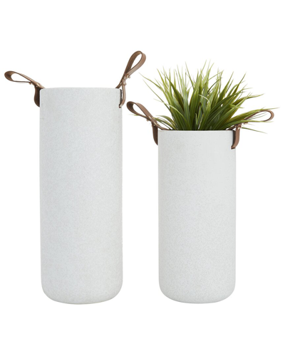 Cosmoliving By Cosmopolitan Set Of 2 White Ceramic Vase With Leather Handles