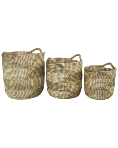 Cosmoliving By Cosmopolitan Set Of 3 Brown Seagrass Handmade Two Toned Storage Basket With Handles