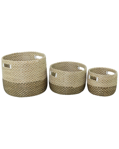 Cosmoliving By Cosmopolitan Set Of 3 Brown Seagrass Handmade Two Toned Storage Basket With Handles