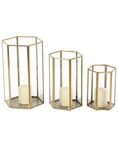 Uma Enterprises Cosmoliving By Cosmopolitan Set Of 3 Gold Glass Decorative Candle Lantern With Metal Plate