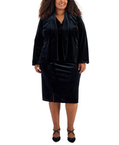 Kasper Plus Size Velvet Roll Sleeve Cardigan Jacket Velvet Drape Front Knit Top Velvet Slim Midi Skirt In Black