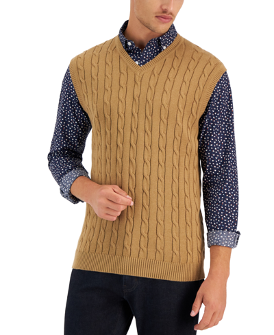 Club Room Men's Cable-knit Cotton Sweater Vest, Created For Macy's In Moca