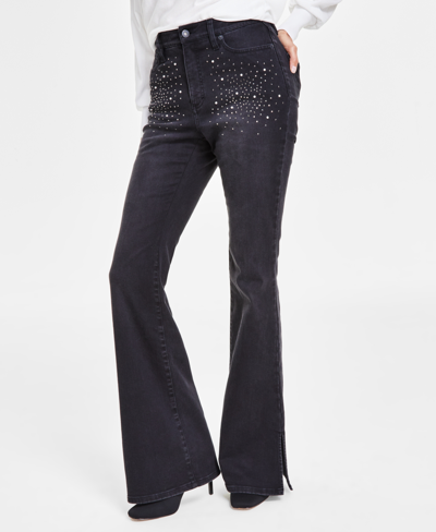 Inc International Concepts Women's High-rise Rhinestone-studded Flare Jeans, Created For Macy's In Black