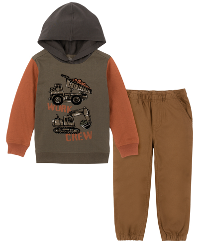 Kids Headquarters Kids' Toddler Boys Long Sleeve Colorblock Slub Hooded T-shirt And Twill Joggers, 2 Piece Set In Brown