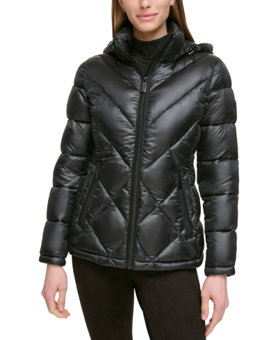 Calvin Klein Women's Shine Hooded Packable Puffer Coat, Created For Macy's In Pearlized Black