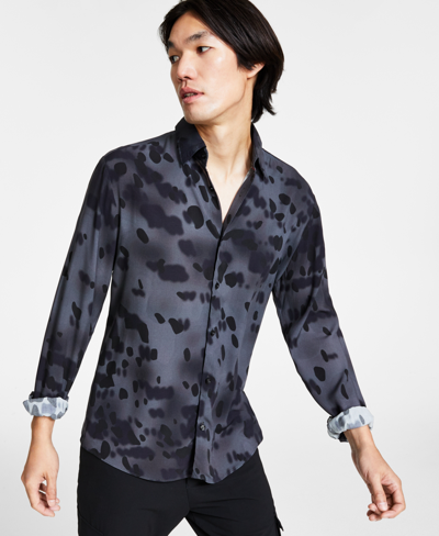 Hugo Slim-fit Shirt In Seasonal-print Canvas In Dark Grey