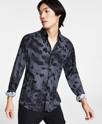 Hugo Boss Slim-fit Shirt In Seasonal-print Canvas In Dark Grey
