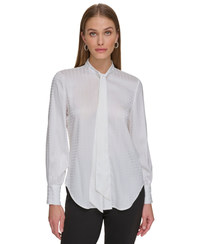 Dkny Petite Tonal Houndstooth Tie-neck Blouse, Created For Macy's In Linen White