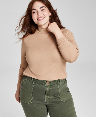 And Now This Trendy Plus Size Mock-neck Long-sleeve Top In Almond