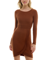 Bcx Juniors' Round-neck Faux-wrap Ribbed Sweater Dress In Cognac