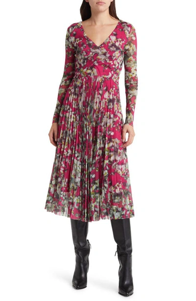 Hugo Boss Erlissi Floral Print Pleated Midi Dress In Open Misc