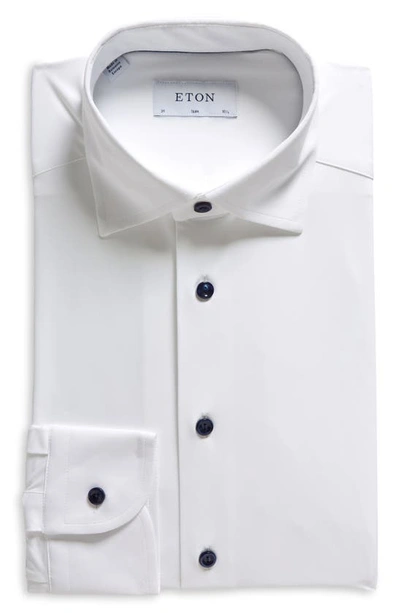 Eton Slim Fit Four Way Stretch Dress Shirt With Navy Buttons In White