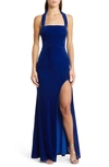 Lulus Enchanting Touch Halter Velvet Gown In Royal Blue