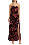 Lulus Exquisite Floral Velvet Burnout Strapless Gown In Plum Purple Floral Print