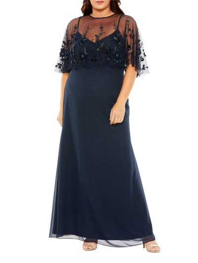 Mac Duggal Women's Plus Size Embellished Cape Sleeveless Gown In Midnight