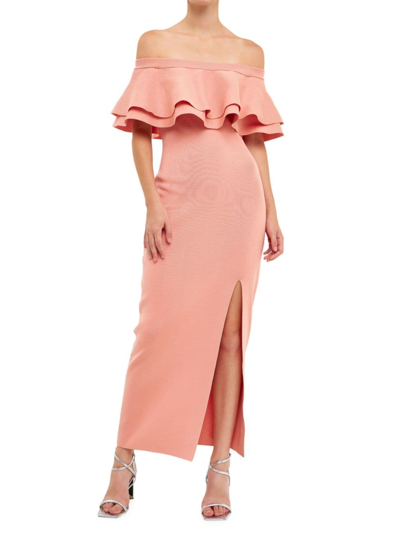 Endless Rose Women's Off The Shoulder Ruffle Maxi Dress With Leg Slit In Blush